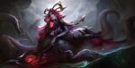  ass asymmetrical_gloves black_skin breasts cloud colored_skin coven_(league_of_legends) coven_nami dark_clouds gloves grey_skin highres holding holding_staff league_of_legends mermaid mismatched_gloves monster_girl nami_(league_of_legends) rain red_eyes red_hair scylla staff tentacles wutu_(1183238220) 