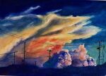  blue_sky cloud cloudy_sky highres no_humans original painting_(medium) power_lines scenery shibakaka sky sky_focus traditional_media utility_pole watercolor_(medium) 