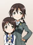  blush brown_eyes brown_hair christiane_barkhorn flower gertrud_barkhorn long_hair long_sleeves military military_uniform multiple_girls ribbon short_hair siblings sisters smile strike_witches tokiani twintails uniform world_witches_series 
