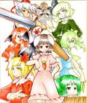  aki_shizuha animal_ears bat_wings blonde_hair brown_hair bunny_tail carrot daiyousei fumihaduki green_eyes green_hair grey_hair hair_ornament hat head_wings inaba_tewi inubashiri_momiji jewelry kisume koakuma kunai leaf_hair_ornament lily_white long_hair looking_at_viewer multiple_girls pendant red_eyes shikishi short_hair smile soga_no_tojiko stage_connection tail tokin_hat touhou traditional_media twintails weapon wings wolf_ears yellow_eyes 