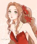  1girl aerith_gainsborough bare_shoulders breasts brown_hair cleavage commentary_request dress eyelashes final_fantasy final_fantasy_vii final_fantasy_vii_remake flower green_eyes hair_flower hair_intakes hair_ornament highres long_hair medium_breasts multiple_necklaces omochi_daisuki parted_lips red_dress red_flower solo strapless strapless_dress teeth upper_body 