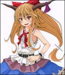  bad_id bad_pixiv_id ballpoint_pen_(medium) belt border bow brown_eyes brown_hair hair_bow horns ibuki_suika long_hair looking_at_viewer low-tied_long_hair marker_(medium) open_mouth pastel_(medium) s-syogo shikishi shirt sleeveless sleeveless_shirt smile solo touhou traditional_media wrist_cuffs 