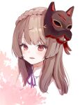  1girl blush brown_hair fox_mask heaven_burns_red highres japanese_clothes kiryuu_miya long_hair mask mask_on_head milchudoodle mole mole_under_eye neck_ribbon red_eyes ribbon shirt smile solo upper_body white_shirt 