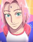  1girl absurdres collarbone d-art eyebrow_piercing forehead green_eyes haruno_sakura highres lips looking_at_viewer naruto naruto_(series) piercing pink_hair shiny_skin shirt short_hair smile solo 