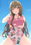  1girl ahoge akahi242 alternate_hairstyle arm_behind_back arm_behind_head bare_shoulders blue_sky blush breasts brown_eyes brown_hair casual_one-piece_swimsuit cleavage collarbone cowboy_shot dot_nose floral_print from_below hair_ornament hair_over_shoulder hairclip hibiscus_print highres idolmaster idolmaster_shiny_colors kuwayama_chiyuki large_breasts long_hair looking_at_viewer one-piece_swimsuit open_mouth outdoors print_swimsuit shy sky smile solo standing sweat swimsuit twitter_username two-tone_swimsuit 