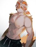  1boy abs arknights axianorange black_shorts colored_tips furry furry_male highres horns hung_(arknights) komainu_boy komainu_ears komainu_tail looking_at_viewer male_focus multicolored_hair nipples pectorals shorts single_horn smile toned toned_male topless_male yellow_eyes 