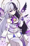  1girl absurdres algorhythm_project black_hair closed_mouth dress eileennoir halo highres hinakoyuki long_hair multicolored_hair pointy_ears purple_eyes shorts smile solo thighhighs two-tone_hair virtual_youtuber white_dress white_hair white_shorts wings 