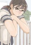  1girl against_railing brown_eyes brown_hair crossed_arms day glasses hadashi_no_kenji highres long_hair original outdoors railing school_uniform semi-rimless_eyewear serafuku shirt solo white_shirt 