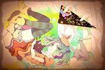  curry_gohan fetal_position green_eyes green_hair lying monogatari_(series) nisemonogatari ononoki_yotsugi origami paper_crane short_eyebrows short_hair striped striped_legwear thighhighs twintails 