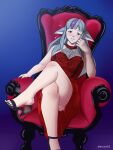  1girl absurdres alternate_costume animal_ears atramada black_nails breasts commission commissioner_upload feet fire_emblem fire_emblem_fates grey_hair high_heels highres large_breasts long_hair looking_at_viewer multicolored_hair nail_polish no_panties shoe_dangle sitting solo steam thighs throne toenail_polish toenails toes two-tone_dress two-tone_hair velouria_(fire_emblem) wolf_ears 
