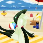 animal_humanoid anthro ball basket beach beach_ball beach_towel beach_umbrella container detailed_background eevee eeveelution faceless_character felid felid_humanoid feline feline_humanoid female feral fluffy fluffy_tail generation_1_pokemon generation_3_pokemon generation_9_pokemon group hi_res humanoid inflatable jolteon looking_at_viewer luzarte magikarp mammal mammal_humanoid meowscarada nintendo outside parasol picnic_basket pokemon pokemon_(species) sand solo_focus tail towel wailord