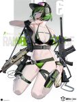  1girl absurdres alternate_costume arknights baseball_cap bikini black_gloves breasts buckle cleavage cz_scorpion_evo_3 ear_protection ela_(rainbow_six_siege) explosive fingerless_gloves flip-flops full_body gloves goggles goggles_on_headwear green_hair grenade gun halterneck hand_on_own_foot handgun hat headphones headphones_over_headwear headset highres holster holstered kneeling mackia mole mole_under_eye pr-15_ragun rainbow_six_siege rifle sandals short_hair snap-fit_buckle swimsuit thigh_holster thigh_strap weapon 