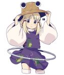  1girl arms_up brown_eyes brown_hat closed_mouth commentary_request cropped_legs hands_on_headwear hoop light_brown_hair long_sleeves looking_at_viewer mawaru_(mawaru) moriya_suwako parted_bangs pleated_skirt purple_skirt purple_vest shirt simple_background skirt skirt_set smile solo thighhighs touhou turtleneck_shirt vest white_background white_shirt white_thighhighs wide_sleeves 