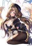  angel angel_wings beret black_choker black_gloves blue_eyes blush bow breasts brown_hair brown_pantyhose choker gloves granblue_fantasy hat heel-less_legwear highres holding holding_clothes large_breasts leotard long_hair multiple_wings no_shoes pantyhose raziel_(granblue_fantasy) seiza seraph showgirl_skirt sitting turtleneck_leotard twintails very_long_hair white_leotard wings yuntae 