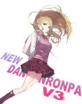  1girl absurdres akamatsu_kaede arms_behind_back backpack bag blonde_hair copyright_name danganronpa_(series) danganronpa_v3:_killing_harmony eyelashes feet_out_of_frame floating_hair hair_ornament highres kneehighs knees long_hair long_sleeves looking_at_viewer miniskirt musical_note musical_note_hair_ornament musical_note_print necktie parted_lips pink_eyes pink_skirt pink_vest purple_socks red_necktie shifang_shenxing_tengod shirt simple_background skirt socks solo vest white_background white_bag white_shirt white_sleeves 