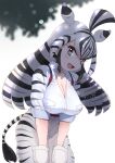  1girl absurdres animal_ears animal_print black_hair blush breasts chapman&#039;s_zebra_(kemono_friends) cleavage extra_ears highres kemono_friends kemono_friends_3 large_breasts long_hair long_sleeves looking_at_viewer masuyama_ryou multicolored_hair open_mouth shirt shorts smile solo striped_hair tail two-tone_hair white_hair zebra_ears zebra_girl zebra_print zebra_tail 