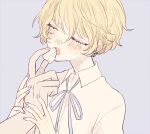  1boy 1girl 382 blonde_hair blue_nails blue_ribbon blush closed_eyes collared_shirt commentary_request feeding food highres holding holding_food nail_polish neck_ribbon open_mouth original out_of_frame purple_background ribbon shirt short_hair simple_background solo_focus upper_body white_shirt 