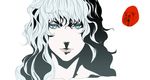  androgynous bad_id bad_pixiv_id behelit berserk blue_eyes face griffith high_contrast lips long_hair male_focus npn otoko_no_ko portrait silver_hair solo 