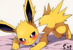 andromorph bed eeveelution feral fur furniture generation_1_pokemon hi_res intersex jolteon looking_at_viewer lying nintendo on_bed pokemon pokemon_(species) solo solo_focus suglawd-chico yellow_body yellow_fur