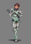  1girl absurdres apex_legends apex_legends_mobile black_gloves english_commentary gloves goggles goggles_on_head grey_background highres holding holding_pen horizon_(apex_legends) looking_at_viewer official_art orange_hair pen shadow short_hair smile solo soojung_lee spacesuit 