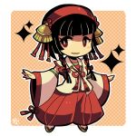  1girl black_eyes black_hair blunt_bangs blush_stickers braid bright_pupils chibi chibi_only detached_sleeves full_body hairband hakama hakama_pants japanese_clothes kotorai no_nose okuni_(sengoku_musou) pants parted_lips red_hairband red_hakama red_ribbon ribbon sandals sengoku_musou solo sparkle white_pupils wide_sleeves 