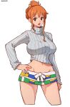  1girl alternate_costume alternate_hairstyle aosora2823 artist_name brown_eyes commentary_request grey_sweater hand_on_own_hip highres long_sleeves looking_at_viewer midriff nami_(one_piece) navel one_piece open_mouth orange_hair ribbed_sweater short_shorts shorts simple_background solo sweater thighs turtleneck turtleneck_sweater white_background 