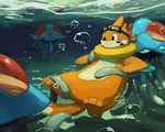  buizel gen_1_pokemon gen_4_pokemon goggles goggles_on_head guodon no_humans pokemon pokemon_(creature) reflection sweatdrop tentacles tentacruel underwater 