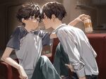  2boys absurdres after_kiss arm_on_another&#039;s_shoulder arm_rest beer_can black_hair blue_eyes blush can chamuring drink_can ear_piercing eye_contact from_behind from_side hanagaki_takemichi hand_on_ankle hand_on_another&#039;s_leg highres holding kiss leaning_forward looking_at_another male_focus matsuno_chifuyu multiple_boys pants piercing saliva saliva_trail shirt short_sleeves sitting tokyo_revengers white_shirt yaoi 