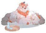  1boy abs bara blue_eyes blush bottle choko_(cup) claws cup english_commentary fang fang_out furry furry_male highres komainu_boy komainu_ears looking_at_viewer male_focus mixvariety muscular muscular_male nipples one_eye_closed onsen pectorals ponytail sake_bottle sdorica smile topless_male toyokuni_(sdorica) upper_body white_background 