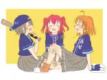  3girls ahoge baseball_bat baseball_cap baseball_mitt blue_shirt blush blush_stickers bow braid cyaron_(love_live!) grey_hair grey_skirt hair_bow hair_ornament hat holding holding_baseball_bat kase_(ks_lys) kurosawa_ruby love_live! love_live!_sunshine!! multiple_girls open_mouth orange_hair red_hair shirt short_hair side_braid simple_background skirt smile sweatdrop takami_chika two_side_up watanabe_you yellow_bow 