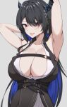  armpits arms_up black_hair blue_hair breasts cleavage collarbone hair_between_eyes hair_ornament highres holoadvent horns large_breasts long_hair looking_at_viewer nerissa_ravencroft open_clothes open_shirt red_eyes tongue tongue_out zeropen 
