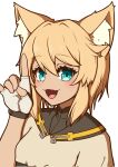  1boy :3 animal_ear_fluff animal_ears black_gloves blonde_hair blush bridget_(guilty_gear) cat_boy cat_ears fang fingerless_gloves gloves green_eyes guilty_gear guilty_gear_strive highres looking_at_viewer male_focus medium_hair nirade44 open_mouth otoko_no_ko short_sleeves smile two-tone_gloves upper_body white_gloves 