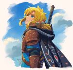  1boy 2024 aqua_eyes blonde_hair blue_sky cape commentary_request dated earrings hood hooded_cape jewelry link looking_up male_focus matsuki_(mikipingpong) pointy_ears ponytail sky the_legend_of_zelda the_legend_of_zelda:_tears_of_the_kingdom upper_body 