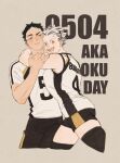  2boys akaashi_keiji arm_around_neck black_hair black_shorts blue_eyes bokuto_koutarou brown_background chengongzi123 colored_eyelashes commentary cropped_legs english_text grey_hair haikyuu!! highres hug looking_at_another looking_at_viewer male_focus multicolored_hair multiple_boys open_mouth parted_lips short_hair short_sleeves shorts simple_background sleeveless sportswear streaked_hair symbol-only_commentary thick_eyebrows very_short_hair volleyball_uniform yaoi yellow_eyes 