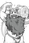  1boy bara beard belly bulge carrying_over_shoulder cowboy_shot dungeon_meshi dwarf excessive_pubic_hair facial_hair fake_horns flexing food fundoshi greyscale helmet highres horned_helmet horns japanese_clothes long_beard looking_at_viewer male_focus meat milo_(getingko) monochrome plump pubic_hair senshi_(dungeon_meshi) solo sparkle thick_mustache thick_thighs thighs topless_male unfinished very_long_beard 