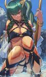  bikini black_bikini body_markings braid breasts brown_eyes dark-skinned_female dark_skin facial_mark granblue_fantasy green_hair highres holding holding_staff horus_(granblue_fantasy) huge_breasts lc_butter long_hair looking_at_viewer partially_submerged staff swimsuit twin_braids 