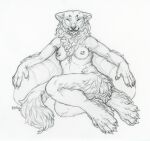 anthro arm_tuft big_feet big_hands breasts chest_tuft claws eyes_closed feet felid feline female female_anthro fluffy fluffy_arms fluffy_legs fluffy_tail graphite_(artwork) hi_res leg_tuft line_art mammal mane maoshan neck_tuft nipple_piercing nipples nude paws pencil_(artwork) piercing pillow shaded sitting small_breasts smile solo tail tail_tuft tasteful_nudity traditional_media_(artwork) tuft wide_hips