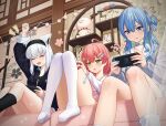  3girls ? absurdres ahoge animal_ear_fluff animal_ears aqua_hair arm_up asakura_(asa_t77) bandaid_on_thigh black_hairband black_jacket black_socks blue_choker blue_hair choker closed_eyes colored_inner_hair couch crossed_bangs eyelashes feet_out_of_frame fox_ears fox_girl green_eyes grey_hair hair_between_eyes hair_ornament hairband handheld_game_console highres holding holding_handheld_game_console hololive hoshimachi_suisei hoshimachi_suisei_(school_uniform) indoors jacket knees_together_feet_apart knees_up legs long_hair long_sleeves looking_down medium_hair multicolored_hair multiple_girls nintendo_switch no_shoes official_alternate_costume on_couch one_side_up open_mouth over-kneehighs partially_unzipped pink_skirt plaid plaid_skirt playing_games pleated_skirt ribbed_socks sailor_collar sakura_miko sakura_miko_(school_uniform) shirakami_fubuki shirakami_fubuki_(loungewear) shouji sidelocks sitting skirt sliding_doors socks star_(symbol) star_in_eye symbol_in_eye thighhighs thighs virtual_youtuber white_skirt white_socks 