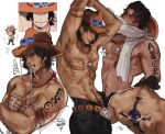  ! !! 1boy applying_bandages armpit_hair arms_up back back_tattoo bandaged_arm bandages bead_necklace beads belt biceps black_hair black_pants blood blood_on_arm blood_on_bandages charluiu chest_binder clenched_teeth fedora freckles from_behind hat hat_ornament highres holding_bandages jewelry jolly_roger male_focus male_pubic_hair medium_hair mouth_hold multiple_views muscular muscular_male necklace one_piece open_fly orange_belt orange_hat pants pectorals portgas_d._ace pubic_hair reference_photo scarf shoulder_tattoo simple_background tattoo teeth topless_male upper_body white_background white_scarf whitebeard_pirates_jolly_roger 