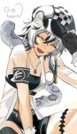  1girl :d ^_^ animal_ear_fluff animal_ears arknights arm_up armband bandaid bandaid_on_arm bare_shoulders black_hair black_shorts blush breasts cabbie_hat character_name checkered_clothes checkered_headwear cliffheart_(arknights) closed_eyes commentary_request facing_viewer grey_hair hair_between_eyes hand_on_headwear hat highres jacket leopard_ears leopard_girl leopard_tail multicolored_hair shorts simple_background sleeveless sleeveless_jacket small_breasts smile solo streaked_hair tail ting_(machi_nakahara) white_background white_hat white_jacket 