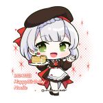  1girl apron ascot beret black_dress black_footwear blunt_bangs bow braid breasts chibi commentary dated dotted_background dress english_text food frilled_apron frills full_body genshin_impact green_eyes grey_hair hat holding holding_plate lighter-than-air_pancake_(genshin_impact) long_sleeves looking_at_viewer medium_breasts medium_hair meruko_(romadeco_0a0) mint noelle_(genshin_impact) noelle_(kfc)_(genshin_impact) open_mouth pancake pantyhose plate red_ascot red_background red_bow smile solo standing symbol-only_commentary twitter_username waist_apron whipped_cream white_apron white_background white_pantyhose 