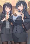  2girls black_hair black_jacket black_pantyhose black_skirt blush breasts bubble_tea_challenge collared_shirt commentary_request cowboy_shot drinking green_eyes highres jacket large_breasts long_hair long_sleeves mole mole_under_mouth multiple_boys multiple_girls office_lady original pantyhose parted_lips shirt shirt_tucked_in shougun_(chuckni1) skirt 