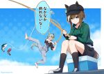  2girls :d absurdres animal_ears barefoot black_footwear black_hat black_shirt black_shorts black_socks blue_eyes brown_hair cabbie_hat cheval_grand_(umamusume) closed_eyes closed_mouth drawstring ears_through_headwear fishing_line fishing_rod flower goom_(goomyparty) green_hoodie grey_hair hair_between_eyes hair_flower hair_ornament hat highres holding holding_fishing_rod hood hood_down hoodie horse_ears horse_girl horse_tail long_sleeves multicolored_hair multiple_girls overalls seiun_sky_(umamusume) shirt shoes short_sleeves shorts sitting smile socks streaked_hair tail translation_request umamusume white_hair yellow_flower 