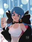  1girl black_bow black_choker black_coat blue_hair blue_nails bow breasts choker cleavage coat coffee_cup cup disposable_cup earrings gwen_(league_of_legends) hair_bow jewelry league_of_legends long_hair looking_at_viewer smile solo symbol_in_eye teddy_teddd 