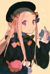  1girl abigail_williams_(fate) bad_id bad_pixiv_id black_bow black_dress black_hat blonde_hair bow brown_background closed_mouth dress fate/grand_order fate_(series) fifuth forehead hair_bow hand_up hat holding holding_stuffed_toy index_finger_raised long_hair long_sleeves looking_at_viewer multiple_hair_bows orange_bow parted_bangs purple_eyes simple_background sketch sleeves_past_wrists smile solo stuffed_animal stuffed_toy teddy_bear upper_body very_long_hair yellow_background 
