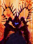  absurdres avak_(bionicle) backlighting bionicle clenched_teeth cmccillustr8 glowing glowing_eyes highres leaning_forward looking_at_viewer orange_background red_eyes sharp_teeth sitting solo straight-on teeth the_lego_group 
