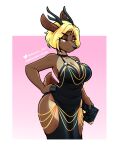 2024 ambris anthro antlers big_breasts black_clothing black_dress blonde_hair breasts brown_body brown_fur clothing collarbone deer dress eyebrows eyelashes female fur hair hand_on_hip hi_res hollow_hip_dress horn mammal purse selene_(ambris) short_hair solo tan_body tan_fur yellow_eyes