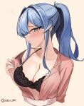  1girl absurdres black_bra blue_eyes blue_hair blue_nails blush bra breasts buttons cleavage closed_mouth clothes_pull collared_shirt commentary_request dawn_1945 earrings facing_to_the_side gotland_(kancolle) hair_over_one_eye heart highres jewelry kantai_collection long_hair looking_at_viewer medium_breasts mole mole_under_eye necklace open_clothes open_shirt pink_shirt ponytail shirt shirt_pull signature simple_background solo spoken_heart stud_earrings underwear upper_body 