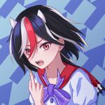  1girl arrow_(symbol) arrow_print black_hair blue_background bow bowtie buttons chunjiu collarbone cone_horns fangs gradient_background hair_between_eyes highres horns kijin_seija looking_at_viewer medium_hair middle_finger multicolored_hair open_mouth puffy_short_sleeves puffy_sleeves purple_bow purple_bowtie red_eyes red_hair sharp_teeth shirt short_sleeves simple_background streaked_hair teeth touhou v-shaped_eyebrows white_hair white_horns white_shirt 