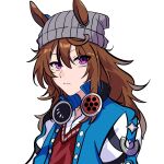  1girl ahoge animal_ears beanie blue_jacket brown_hair ear_ornament ears_through_headwear grey_hat hair_between_eyes hat headphones highres horse_ears horse_girl horseshoe_ornament jacket kukmmo long_hair looking_at_viewer messy_hair nakayama_festa_(umamusume) purple_eyes shirt solo umamusume white_background white_shirt 